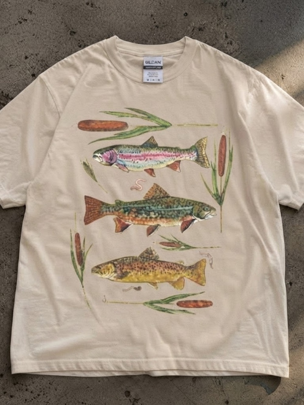 Gildan Natural Tee with Colorful Trout Trio Graphic